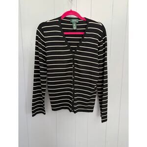Lauren Ralph Lauren Black Striped Silk Blend V-neck Classic Cardigan XL